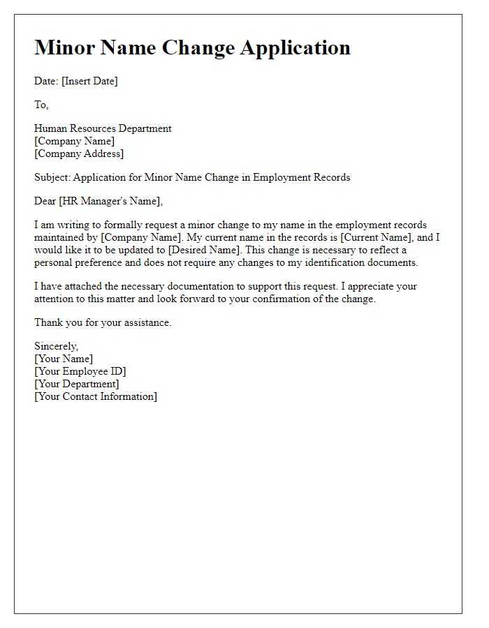 Letter template of minor name change application for employment records.