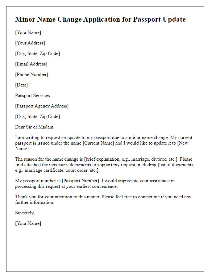 Letter template of minor name change application for passport updates.