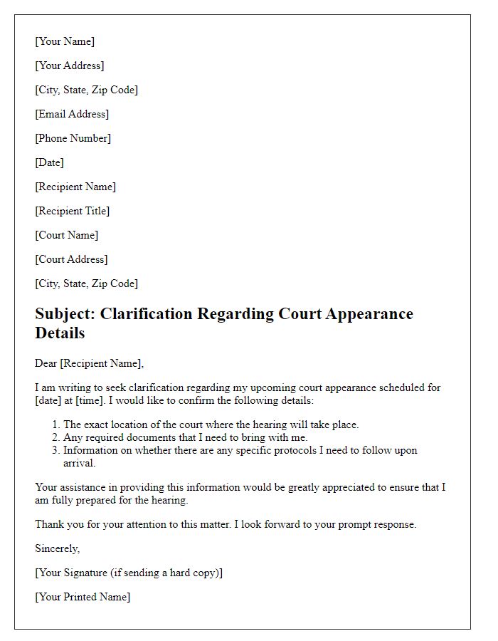 Letter template of clarification regarding court appearance details