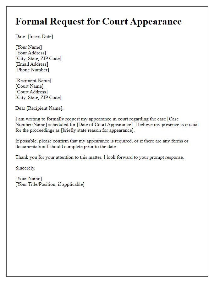 Letter template of formal request for court appearance