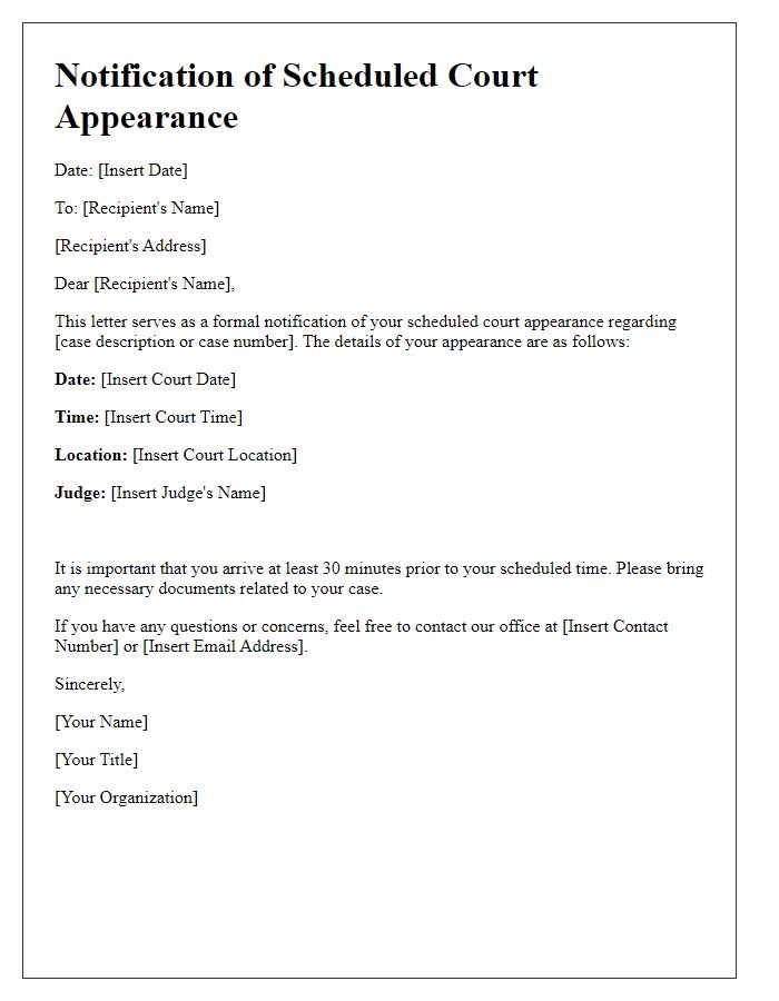 Letter template of notification for scheduled court appearance