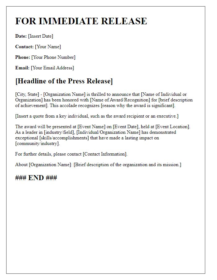 Letter template of media press release for awards and recognitions