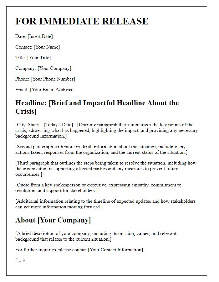 Letter template of media press release for crisis communication