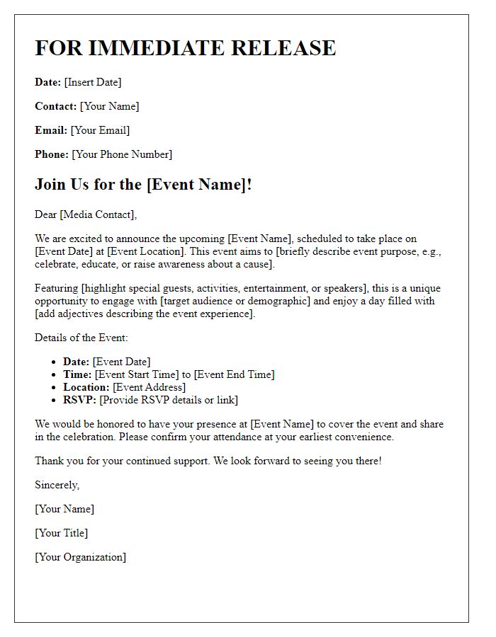 Letter template of media press release for event invitation