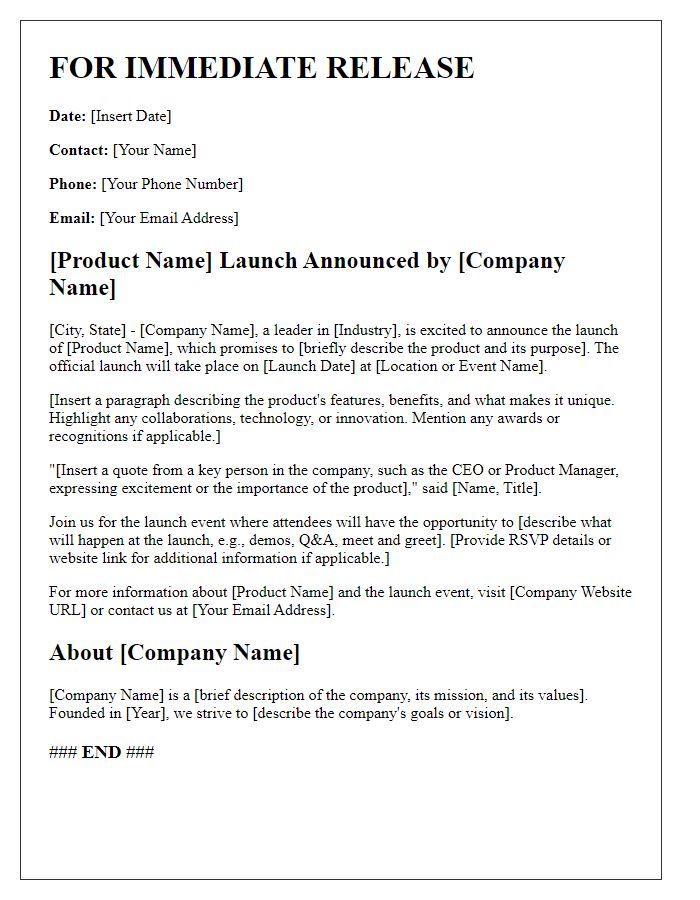 Letter template of media press release for product launch