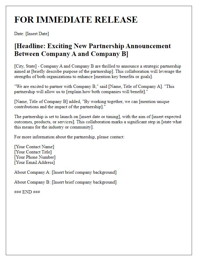 Letter template of media press release regarding partnership