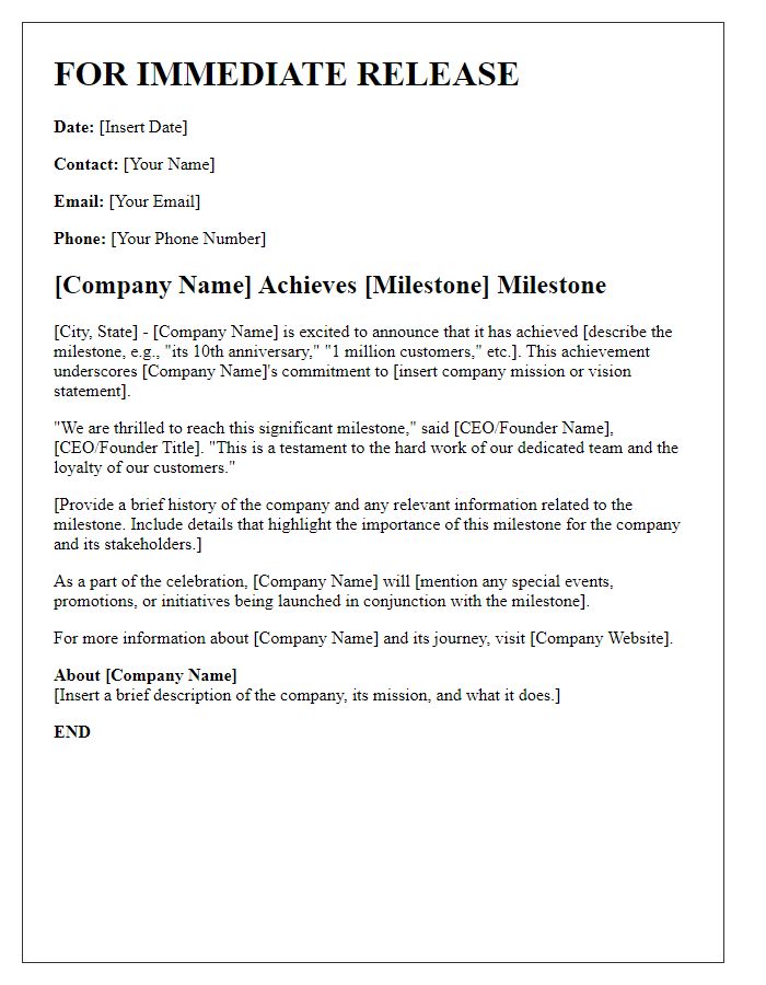 Letter template of media press release to share company milestones