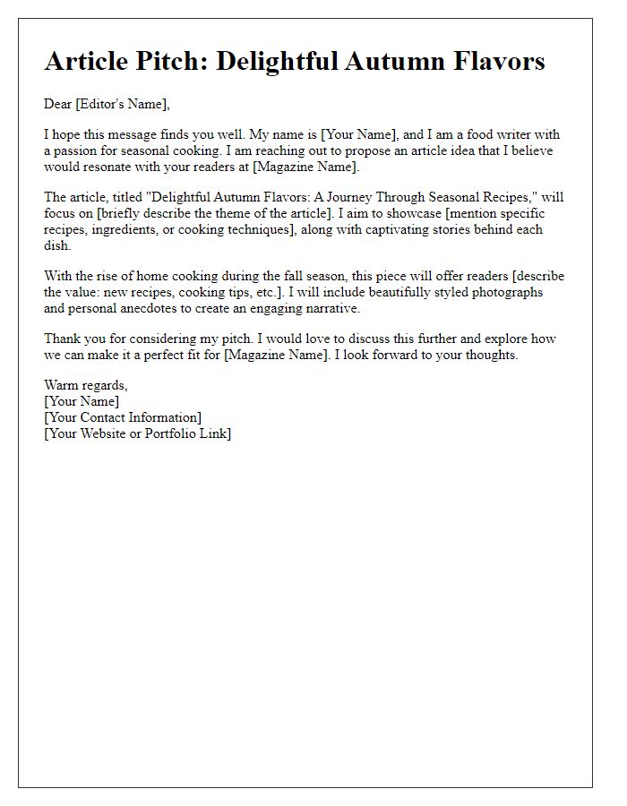 Letter template of magazine article pitch for food and recipes