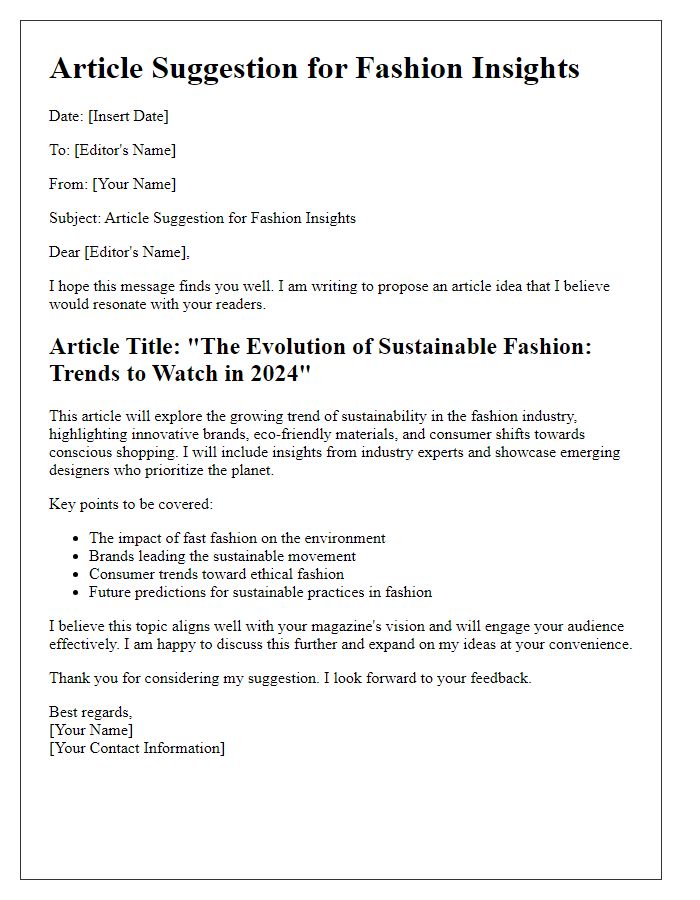 Letter template of magazine article suggestion for fashion insights