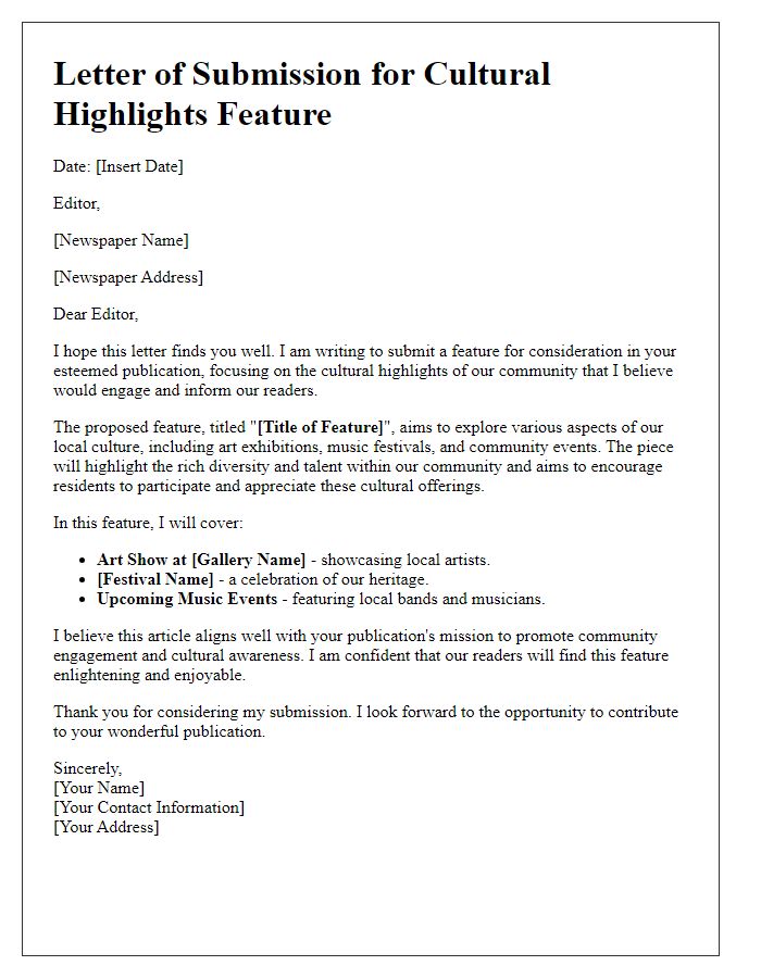 Letter template of newspaper feature submission for cultural highlights.