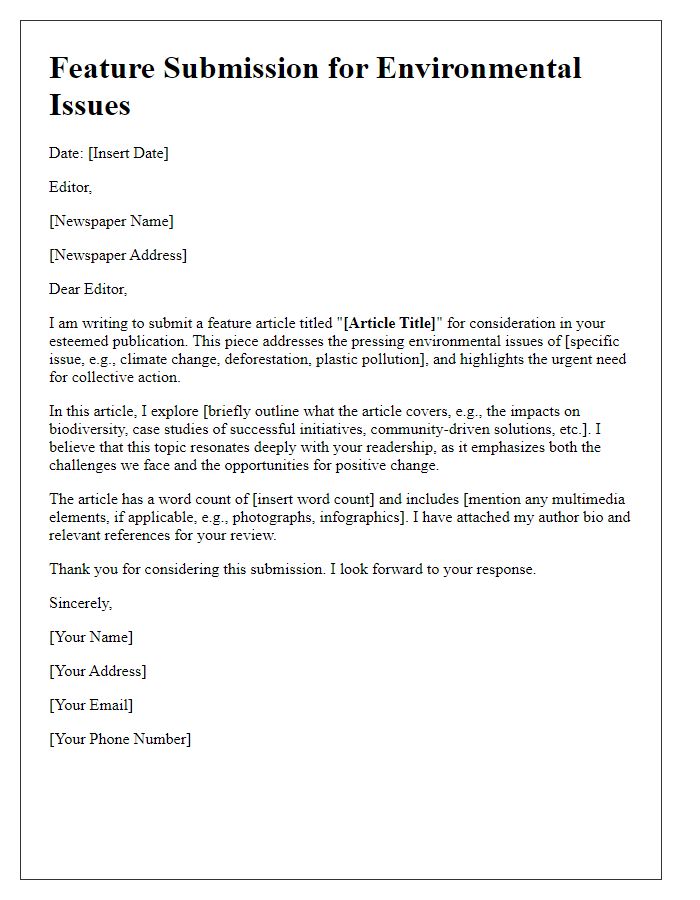 Letter template of newspaper feature submission for environmental issues.