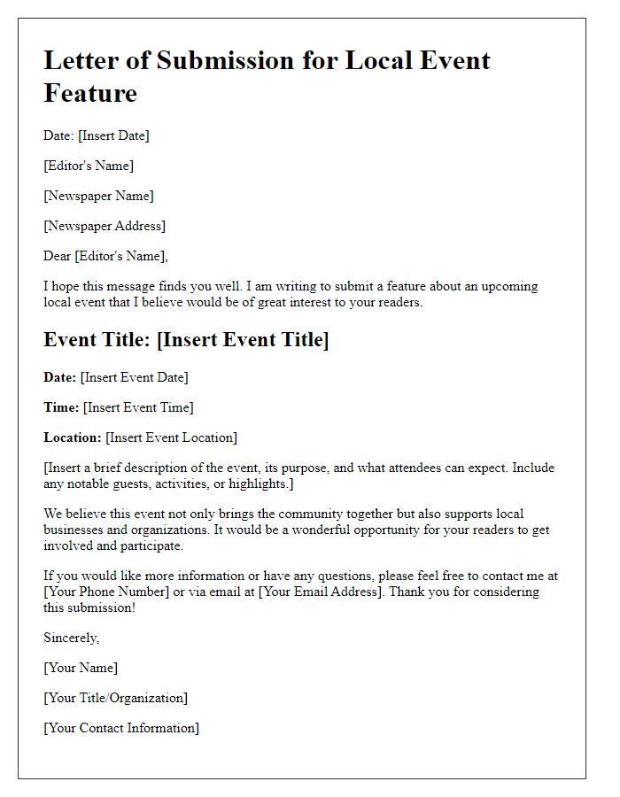 Letter template of newspaper feature submission for local events.