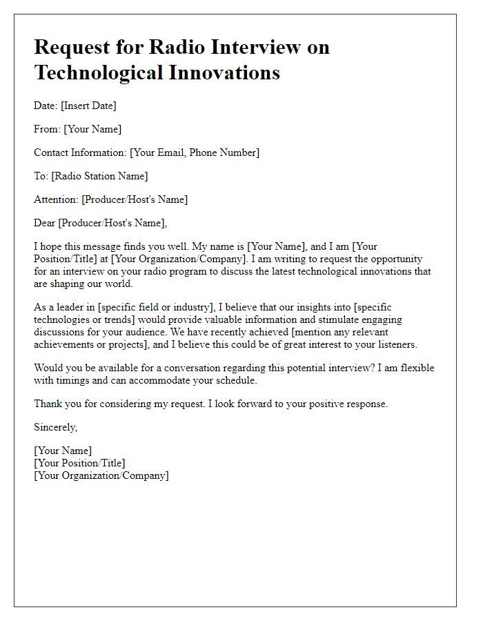 Letter template of radio interview request for technological innovations