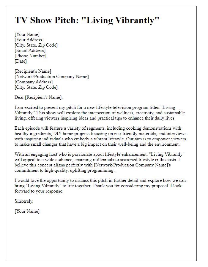 Letter template of TV show pitch for lifestyle programming submissions