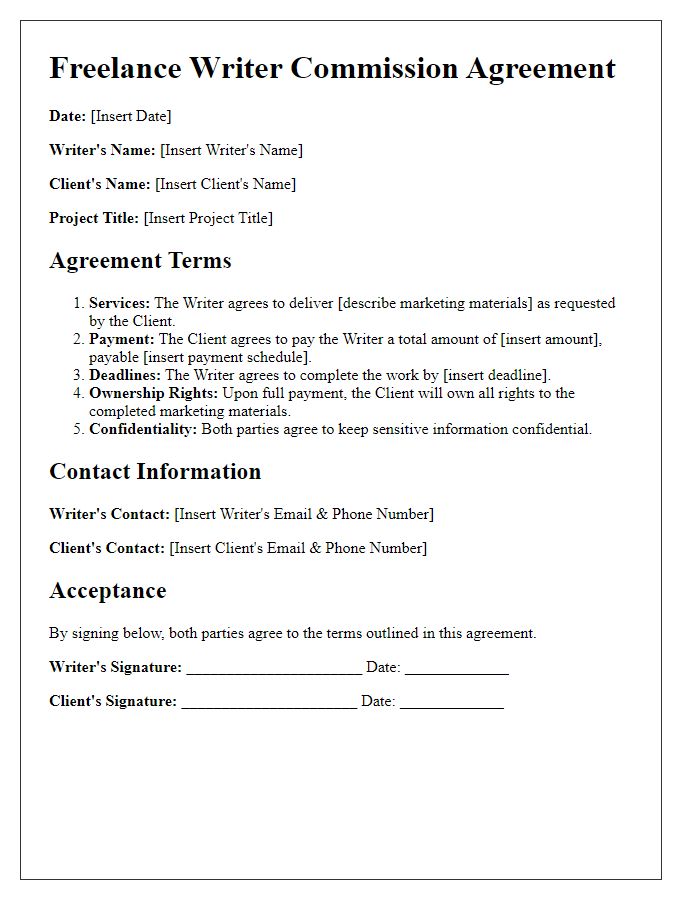 Letter template of freelance writer commission agreement for marketing materials