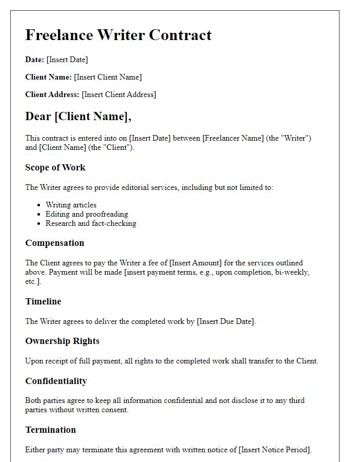 Letter template of freelance writer contract for editorial work