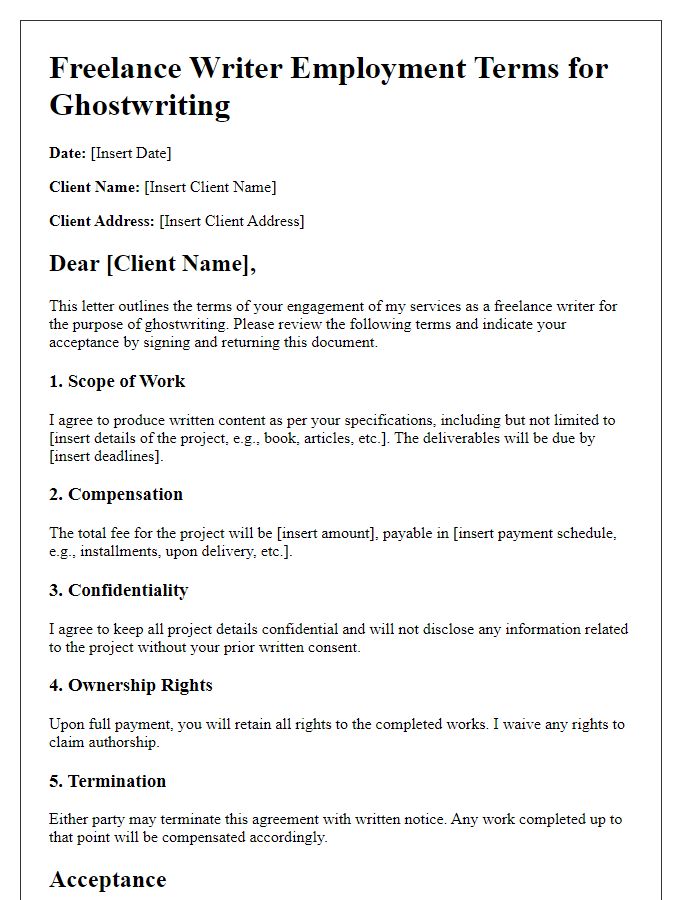 Letter template of freelance writer employment terms for ghostwriting