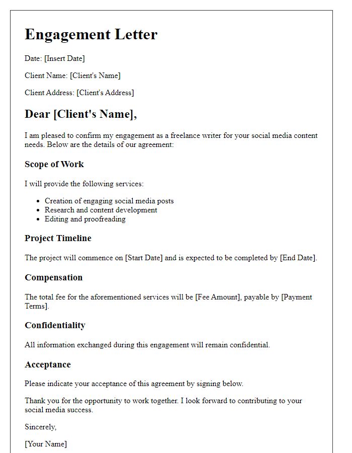 Letter template of freelance writer engagement letter for social media content