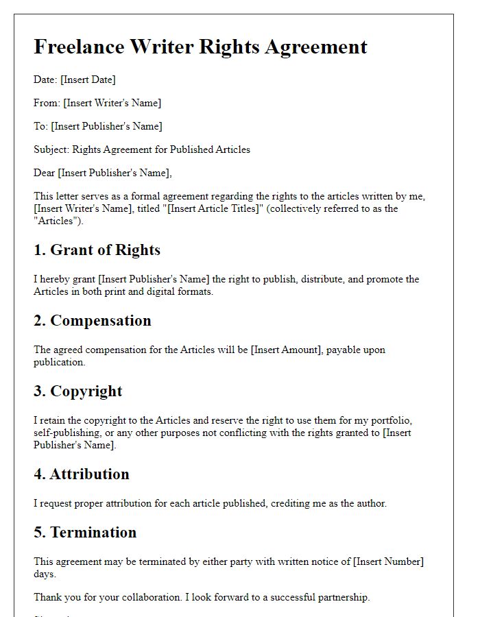 Letter template of freelance writer rights agreement for published articles