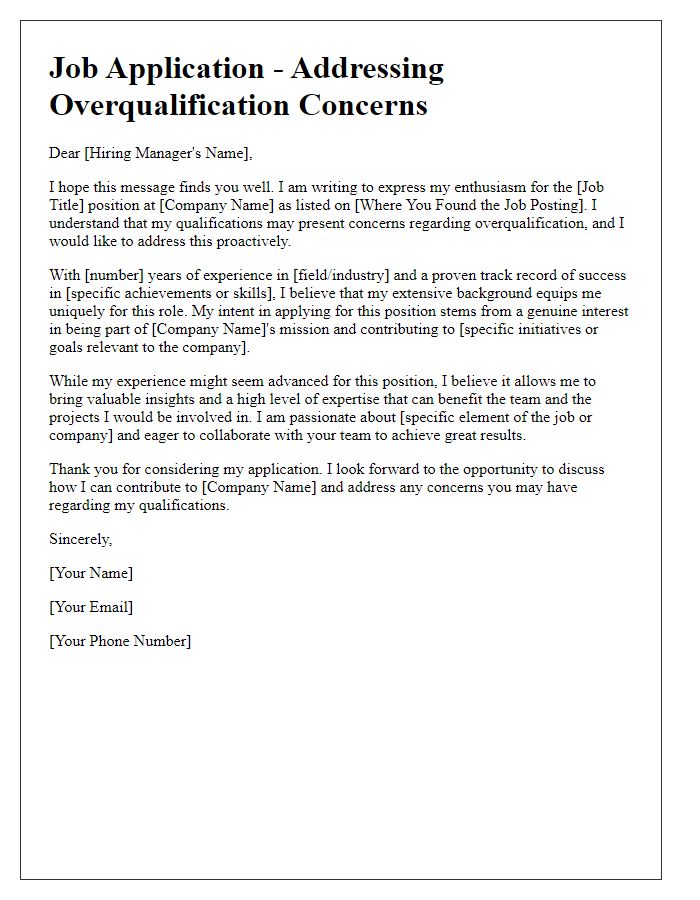 Letter template of addressing overqualification concerns in a job application.