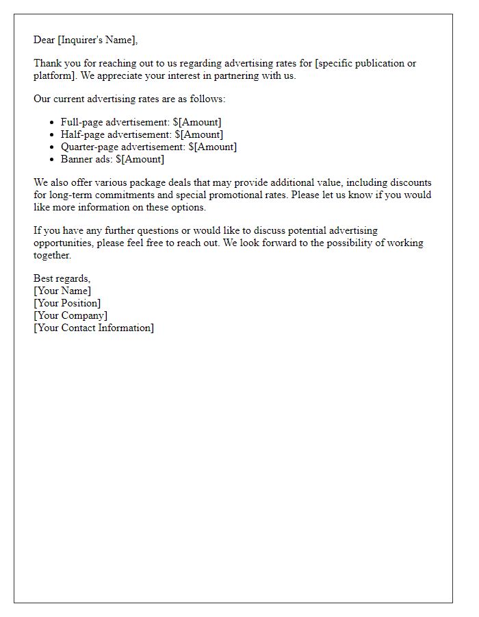 Letter template of advertising inquiry response for advertising rate inquiries