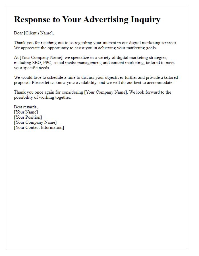 Letter template of advertising inquiry response for digital marketing services