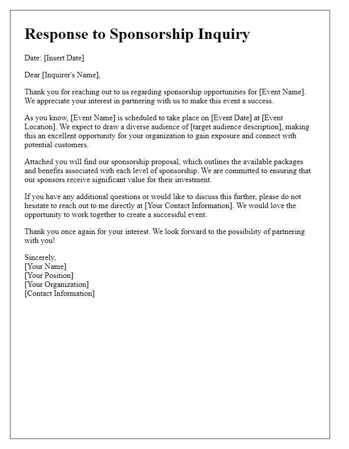 Letter template of advertising inquiry response for event sponsorship opportunities