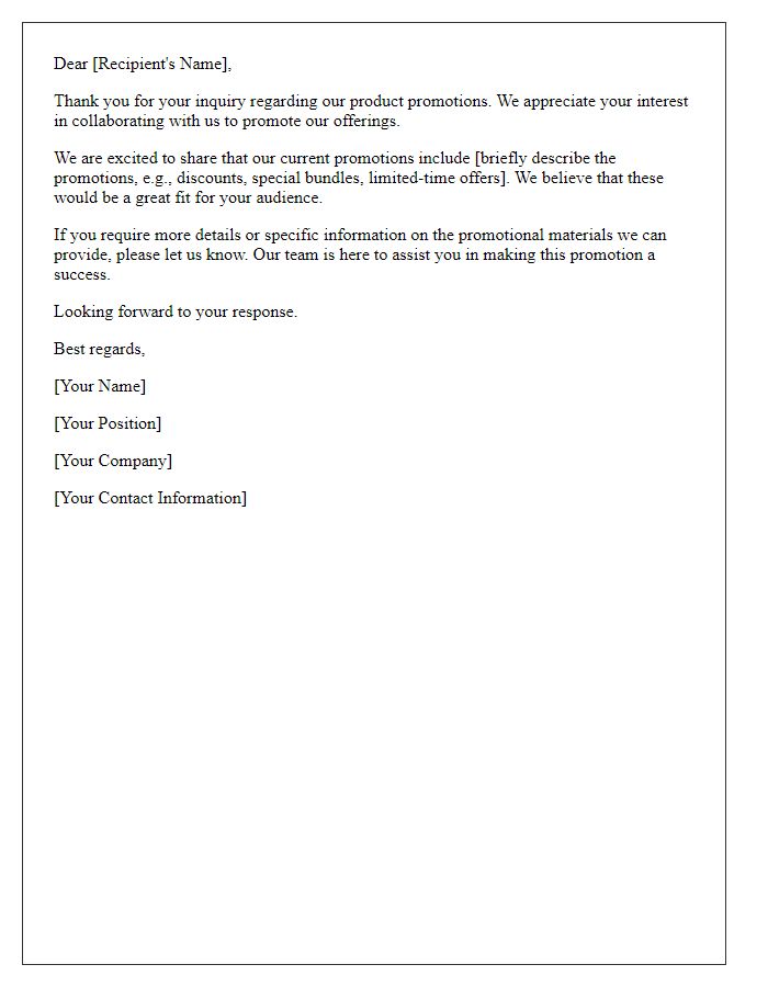 Letter template of advertising inquiry response for product promotions