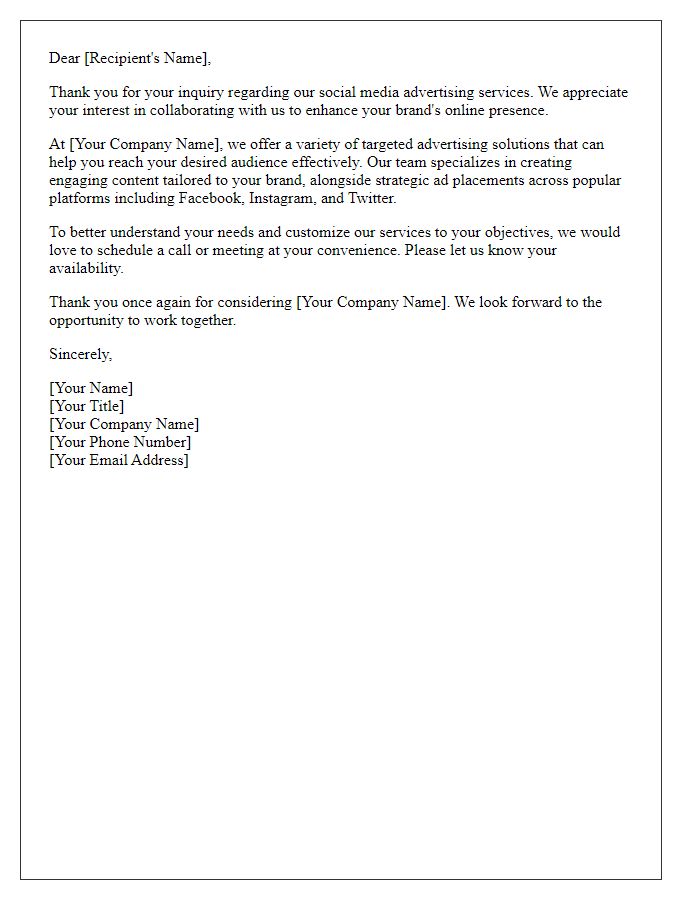 Letter template of advertising inquiry response for social media advertising