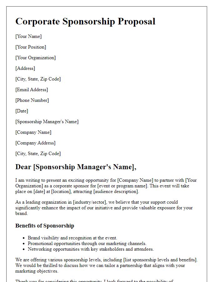 Letter template of corporate sponsorship proposal