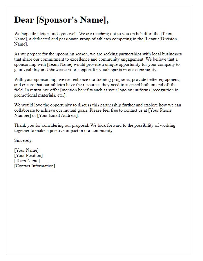 Letter template of sports team sponsorship appeal