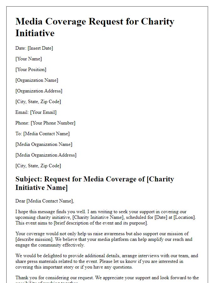 Letter template of media coverage request for charity initiative.