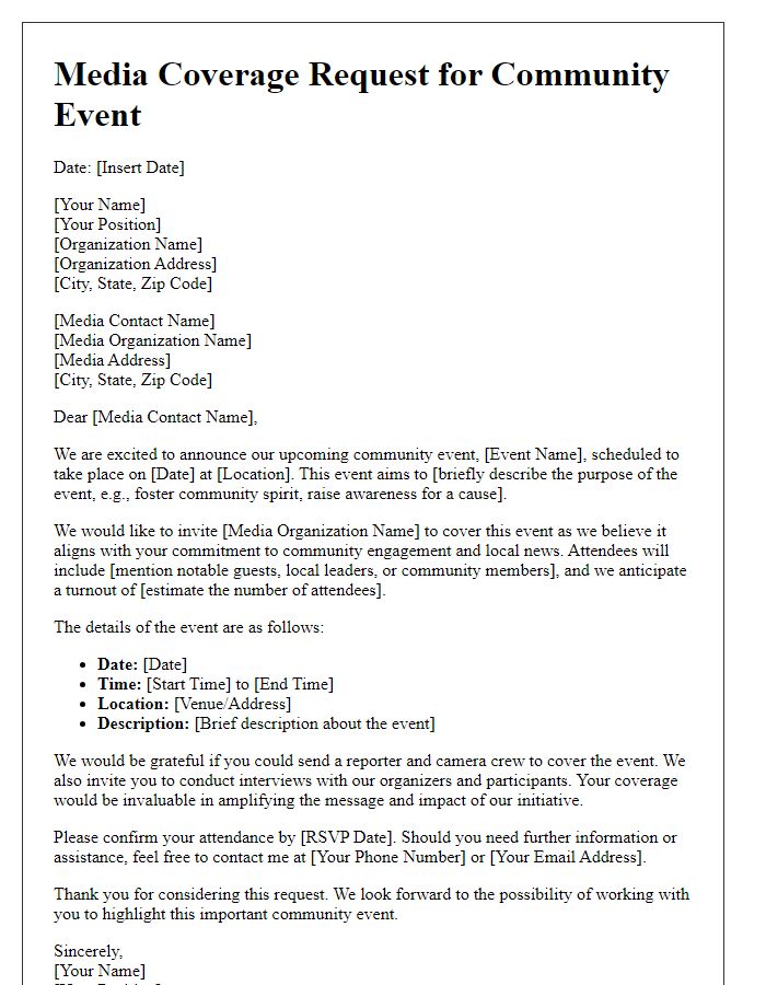 Letter template of media coverage request for community event.