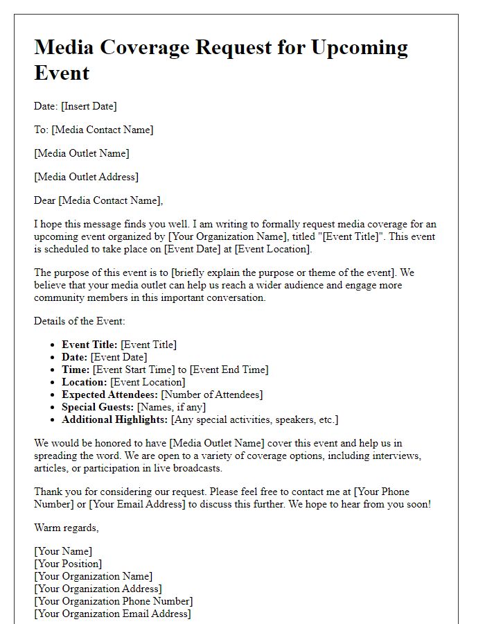 Letter template of media coverage request for event promotion.