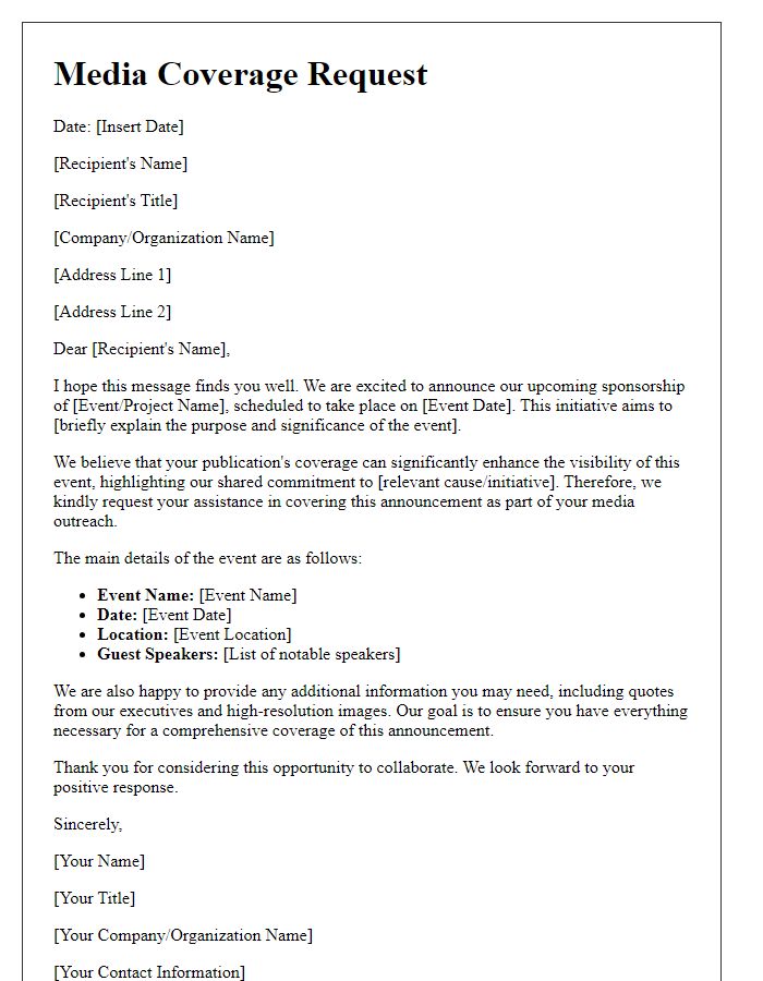 Letter template of media coverage request for sponsorship announcement.