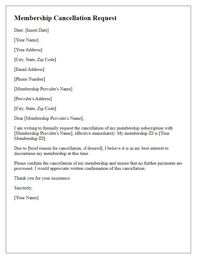 Letter template of cancellation of membership subscription