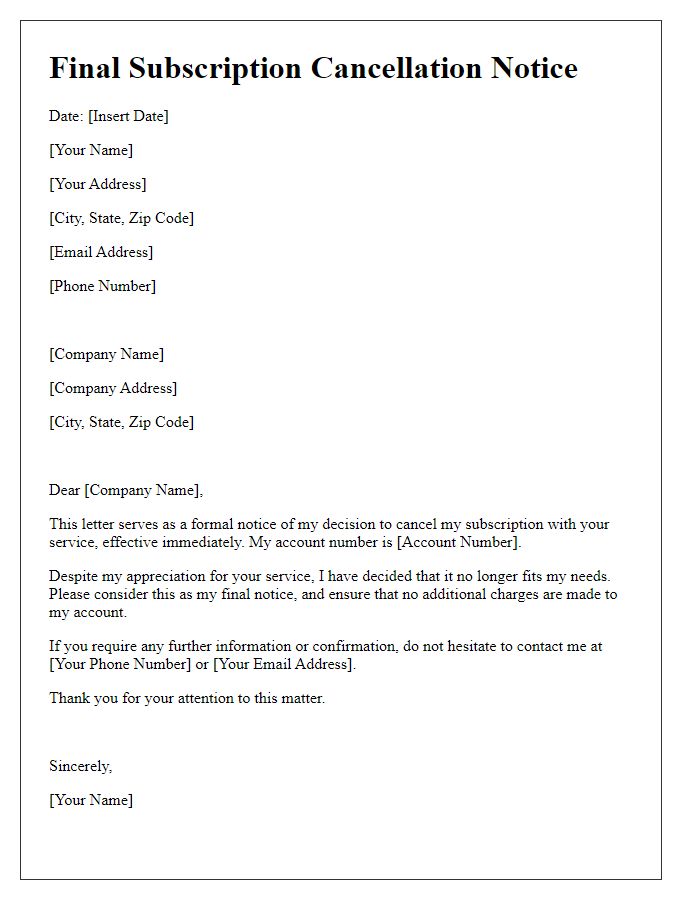 Letter template of final subscription cancellation notice