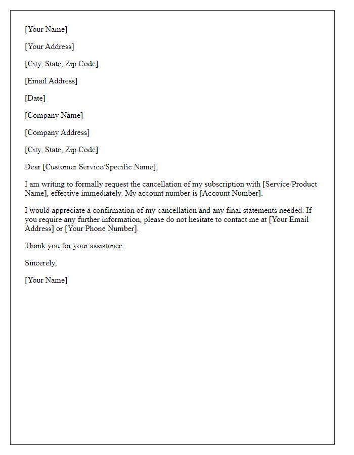 Letter template of subscription cancellation request
