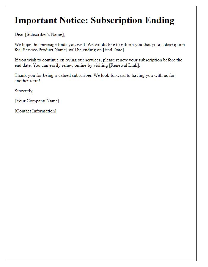 Letter template of subscription ending notice