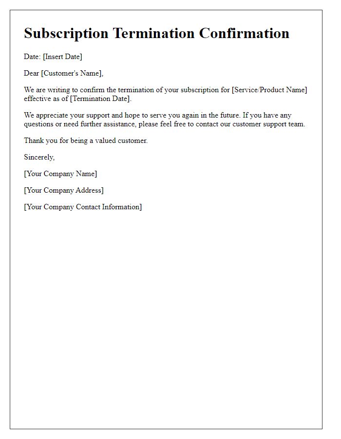 Letter template of subscription termination confirmation