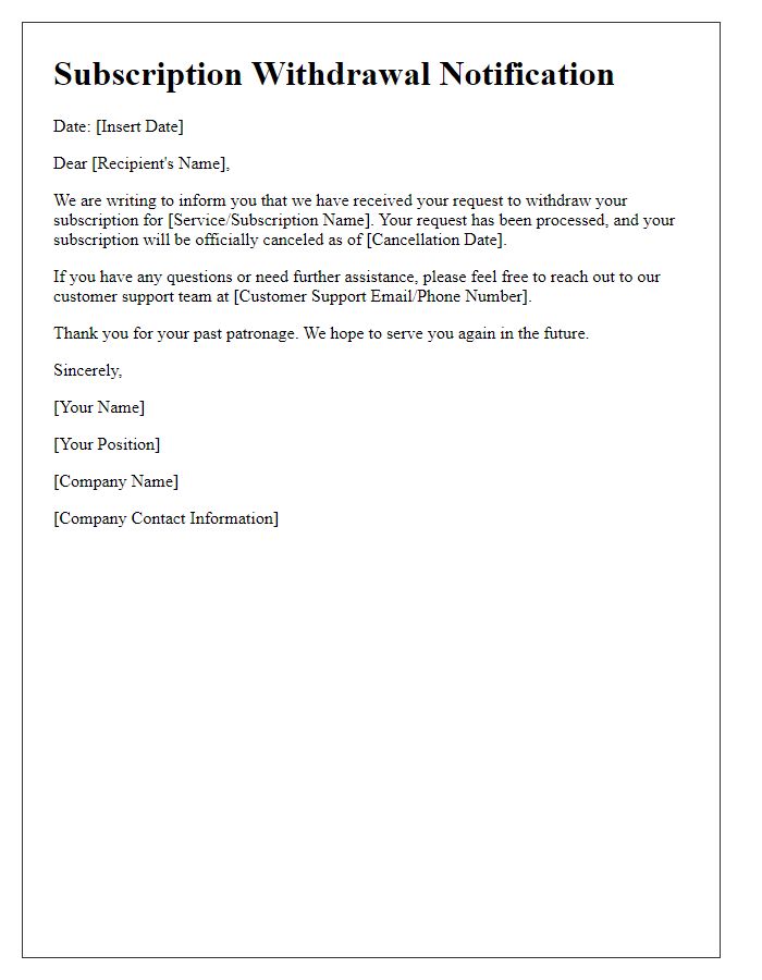 Letter template of subscription withdrawal notification