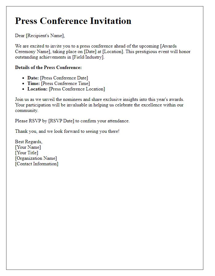 Letter template of press conference invitation for awards ceremony