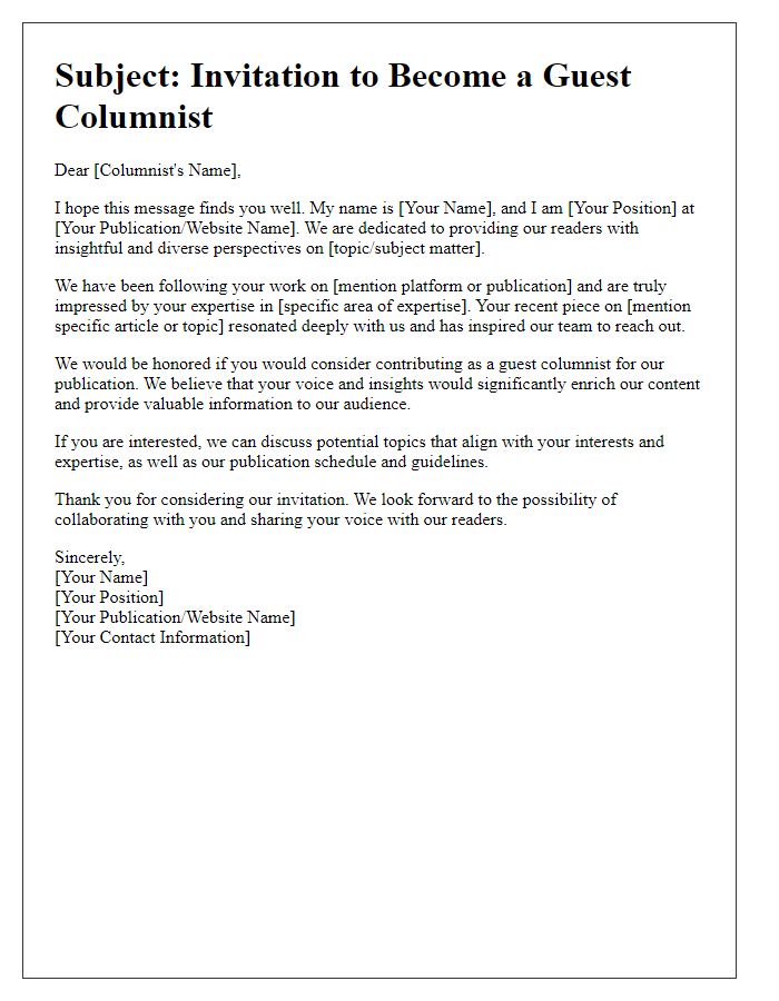 Letter template of appeal for guest columnist participation.