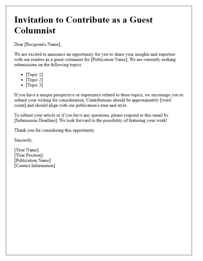 Letter template of call for guest columnist writings.