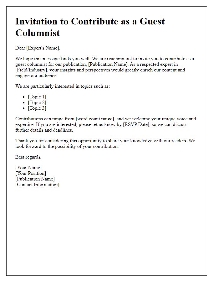 Letter template of invitation for expert guest columnist submissions.