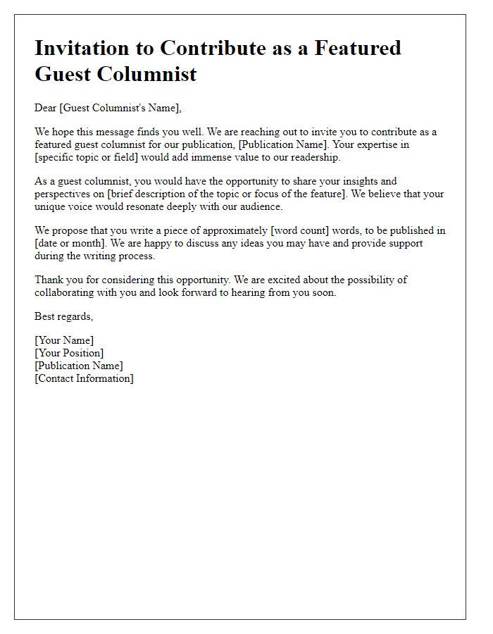 Letter template of invitation for featured guest columnist pieces.