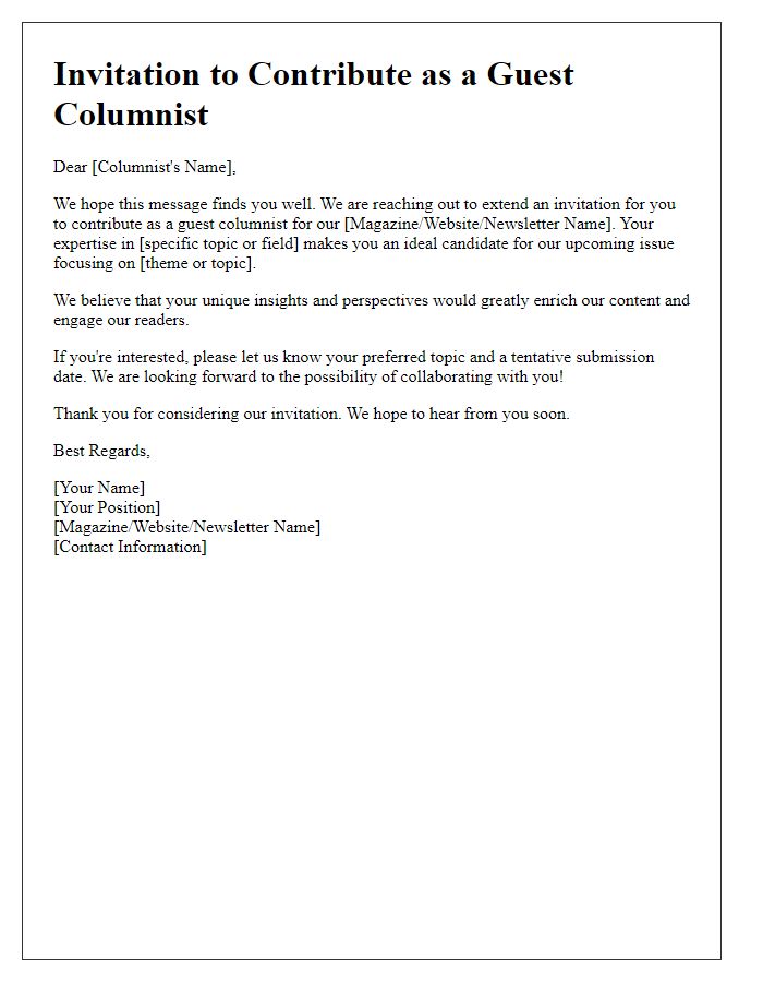 Letter template of invitation for guest columnist contributions.