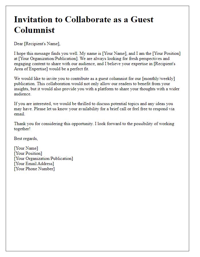 Letter template of outreach for guest columnist collaborations.