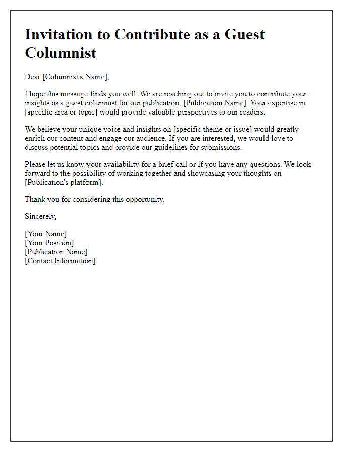 Letter template of solicitation for guest columnist insights.