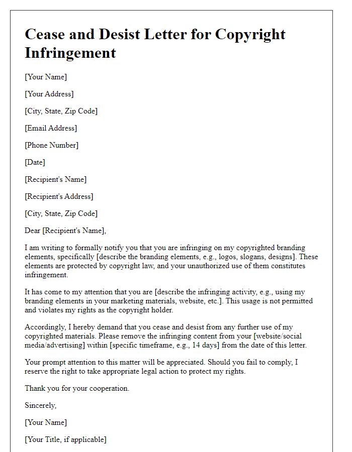 Letter template of copyright infringement cease and desist for branding elements.